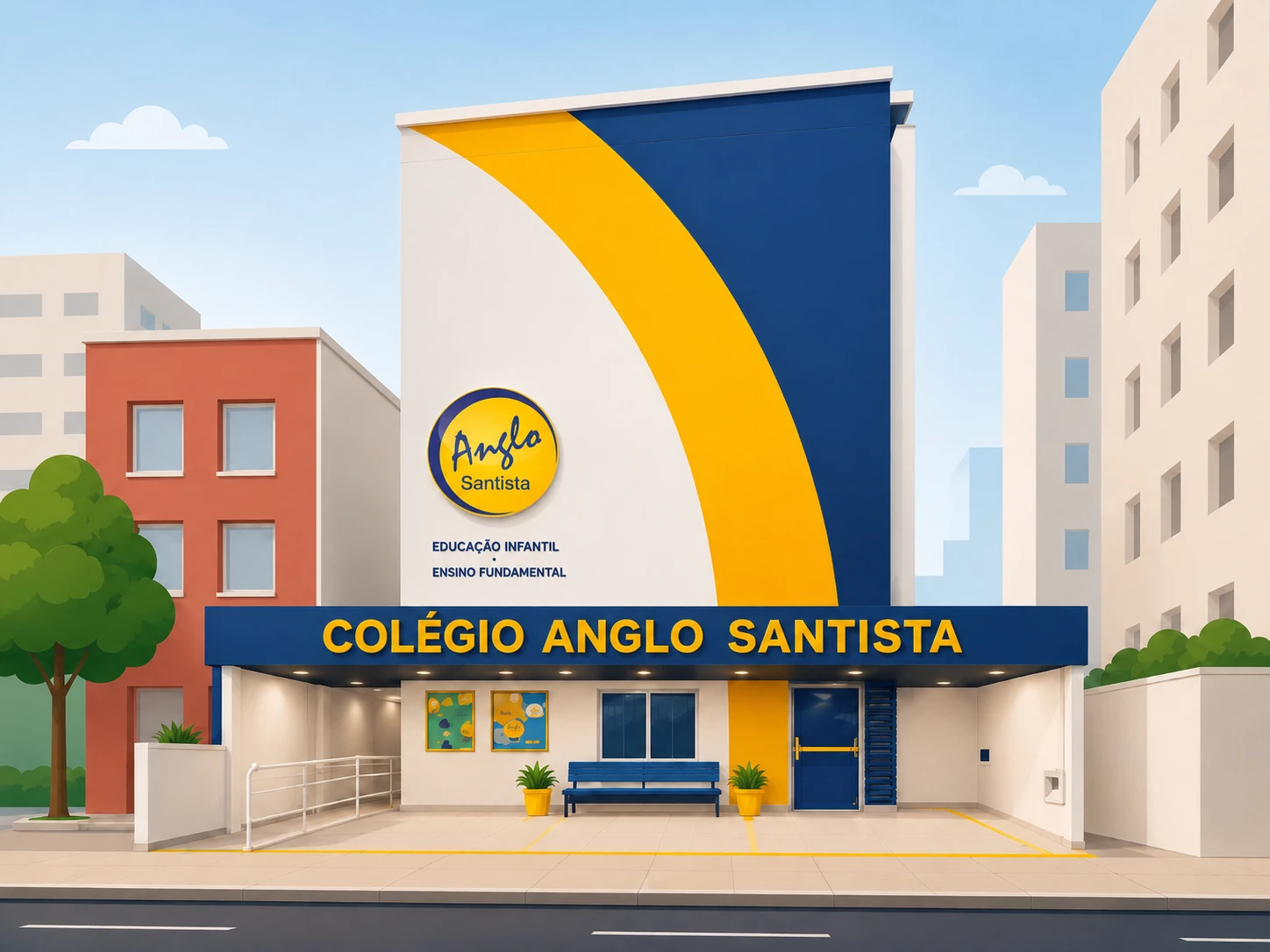 Fachada do Colégio Anglo Santista vista da rua