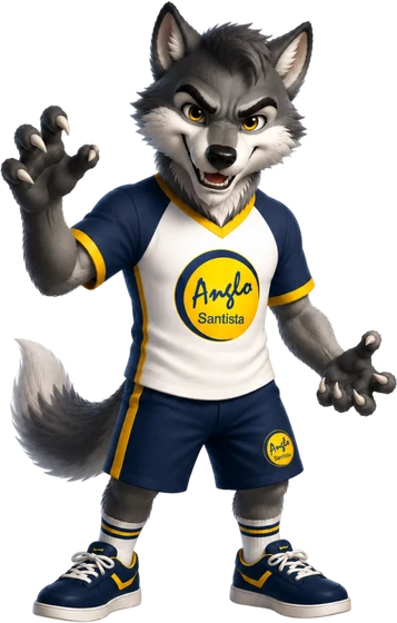 Mascote do Colégio Anglo Santista com o uniforme da escola