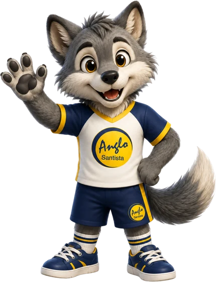 Mascote do Colégio Anglo Santista com o uniforme da escola, acenando