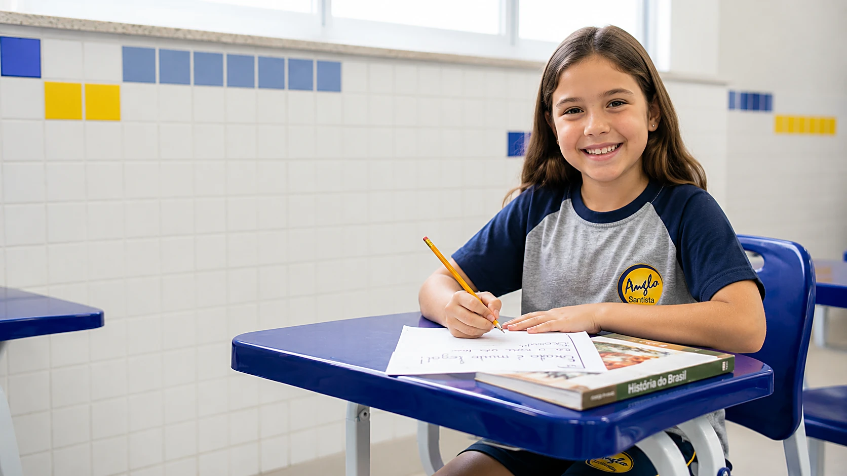 Aluna do Colégio Anglo Santista sorrindo enquanto escreve em sua carteira na sala de aula